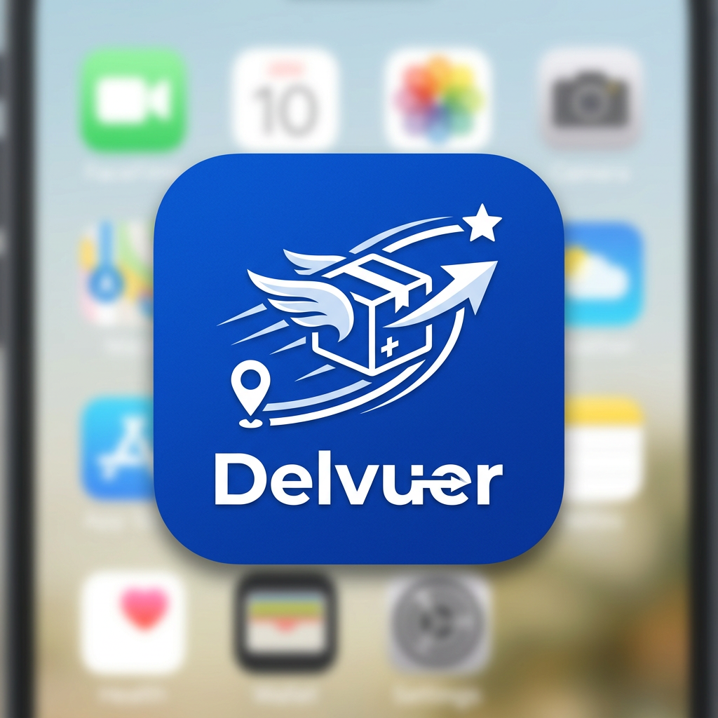 Blue app icon with white winged box, location pin, star, arrow, and text Delvuer